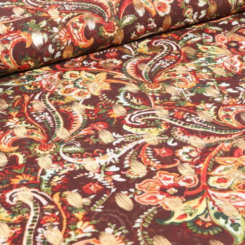 Tissu Mousseline Arabesques fleuris sur fond Marron