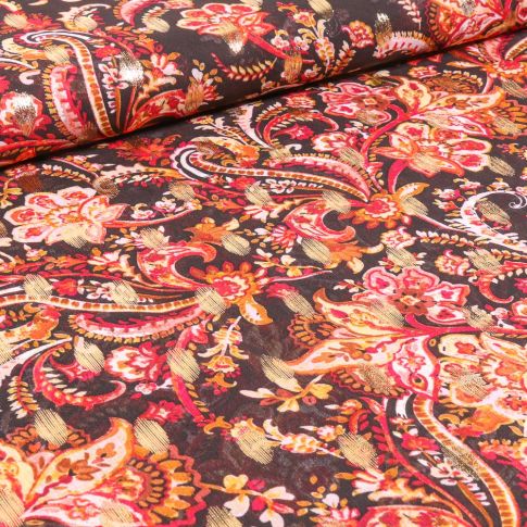 Tissu Mousseline Arabesques fleuris rouge sur fond Noir