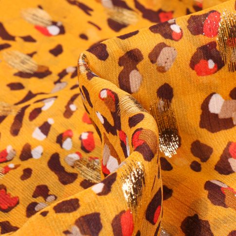 Tissu Voile Polyester Tâches léopard lurex sur fond Jaune