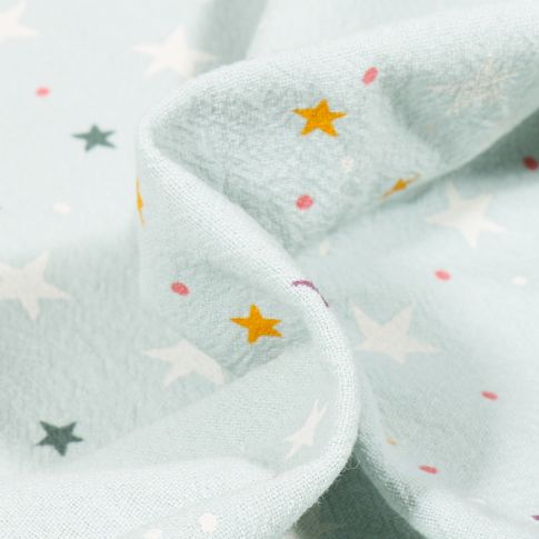 Tissu Coton lavé Etoiles et pois sur fond Vert menthe clair