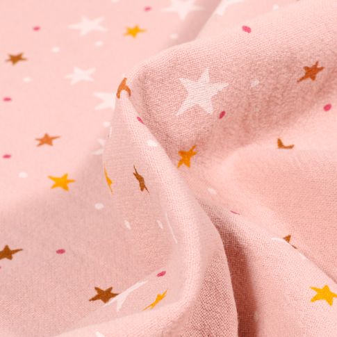 Tissu Coton lavé Etoiles et pois sur fond Rose