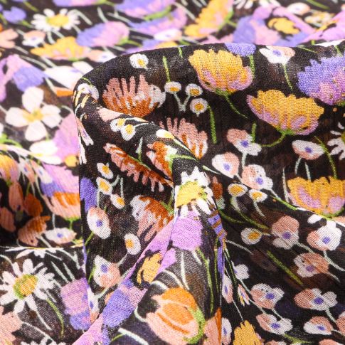 Tissu Mousseline Fleurs des champs lila sur fond Noir