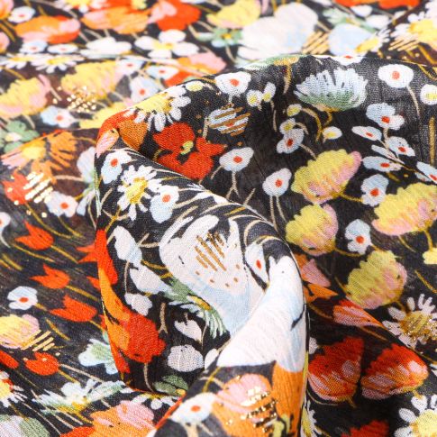 Tissu Mousseline Fleurs des champs jaune sur fond Noir