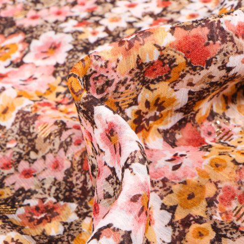 Tissu Voile Polyester Milles et une fleurs sur fond Marron
