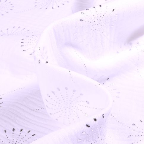 Tissu  Double gaze Pissenlit métallisé sur fond Blanc