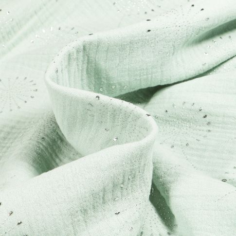Tissu  Double gaze Pissenlit métallisé sur fond Vert menthe