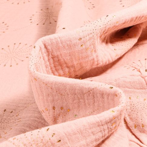 Tissu  Double gaze Pissenlit métallisé sur fond Rose nude