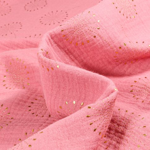 Tissu  Double gaze Pissenlit métallisé sur fond Rose