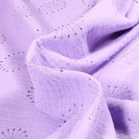 Tissu  Double gaze Pissenlit métallisé sur fond Lilas