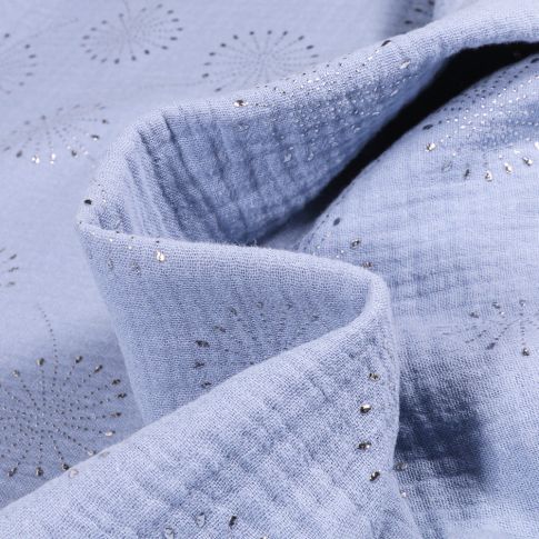 Tissu  Double gaze Pissenlit métallisé sur fond Bleu lavande
