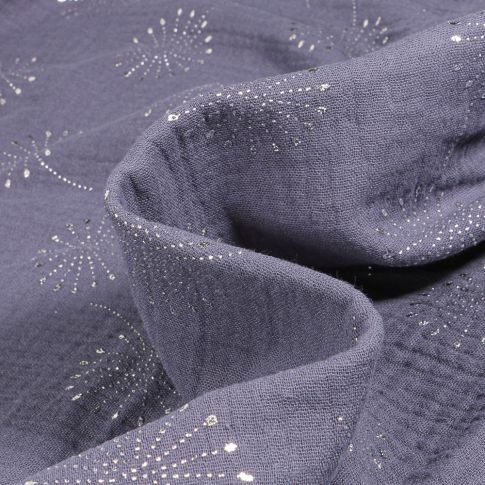 Tissu  Double gaze Pissenlit métallisé sur fond Bleu gris