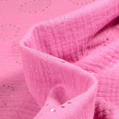 Tissu  Double gaze Pissenlit métallisé sur fond Rose bonbon