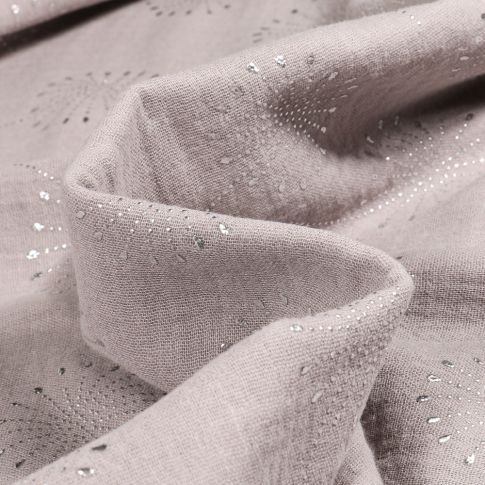 Tissu  Double gaze Pissenlit métallisé sur fond Gris clair