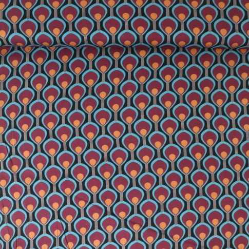 Tissu Viscose extensible Cléa œil de paon Bordeaux sur fond Noir profond