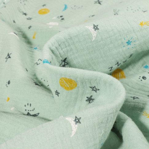 Tissu Double gaze Good night sur fond Vert menthe