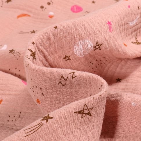 Tissu Double gaze Good night sur fond Rose bébé