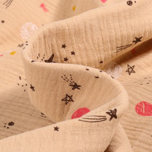Tissu Double gaze Good night sur fond Beige