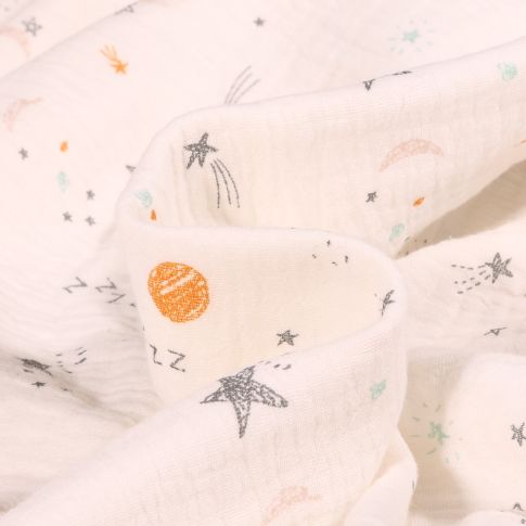 Tissu Double gaze Good night sur fond Blanc cassé