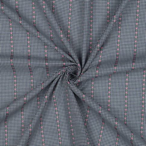 Tissu Voile de Coton imprimé Petits carreaux Bleu brodées de Roses sur fond Blanc