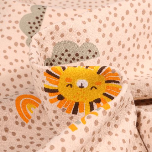Tissu Coton Lavé Têtes de lion soleil sur fond Beige