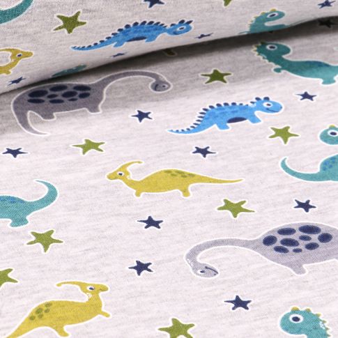Tissu Sweat envers minky Dinosaures multicolores sur fond Gris chiné