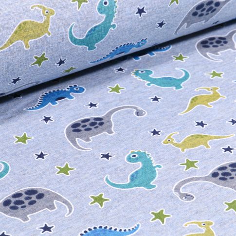 Tissu Sweat envers minky Dinosaures multicolores sur fond Bleu chiné