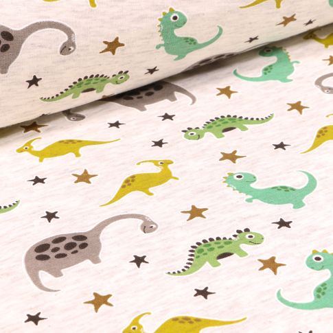 Tissu Sweat envers minky Dinosaures multicolores sur fond Beige chiné