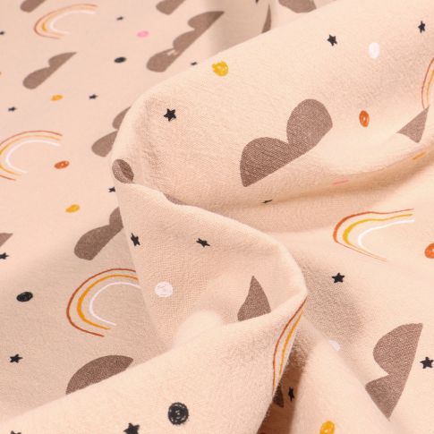 Tissu Coton lavé Nuage et arc en ciel sur fond Beige