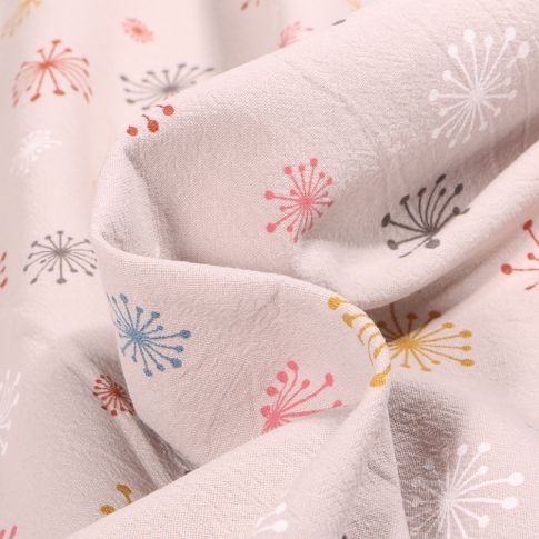 Tissu Coton Lavé Pissenlits multicolores sur fond Gris