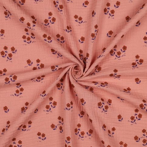 Tissu Double gaze de Coton petites fleurs sur fond Pêche