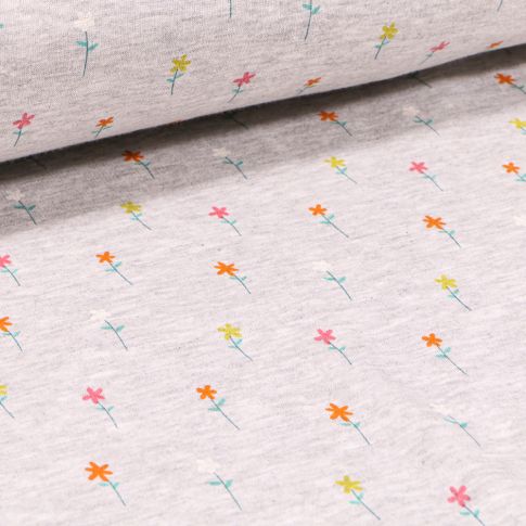 Tissu Sweat envers minky Petites fleurs colorés sur fond Gris chiné