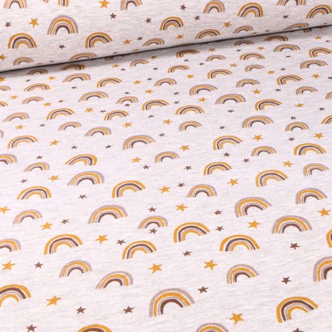 Tissu Sweat envers minky Arc en ciel sur fond Gris chiné