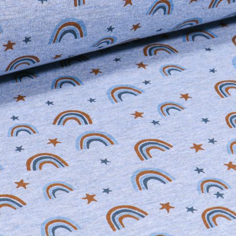 Tissu Sweat envers minky Arcs en ciel et étoiles sur fond Bleu chiné