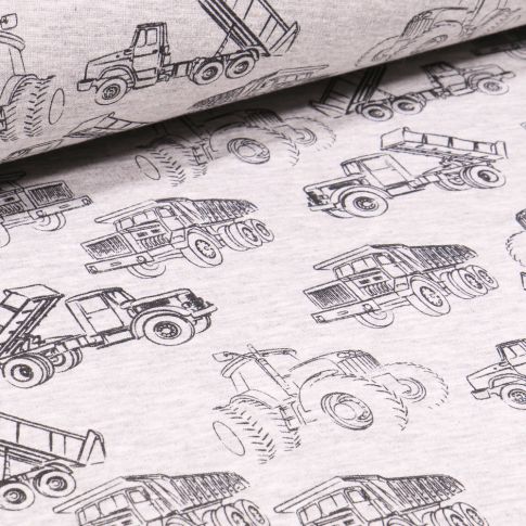 Tissu Sweat envers minky Engins de chantier sur fond Gris chiné