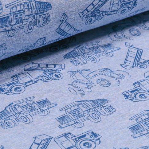 Tissu Sweat envers minky Engins de chantier sur fond Bleu chiné