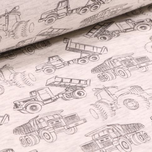 Tissu Sweat envers minky Engins de chantier sur fond Beige chiné