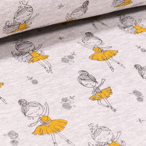 Tissu Sweat envers minky Ballerines en tutu jaune sur fond Gris chiné