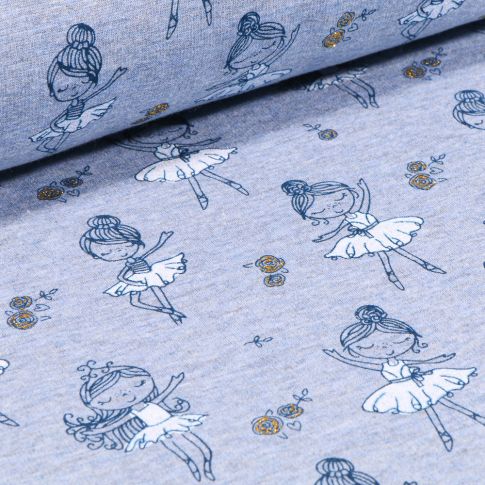 Tissu Sweat envers minky Ballerines en tutu bleu sur fond Bleu chiné