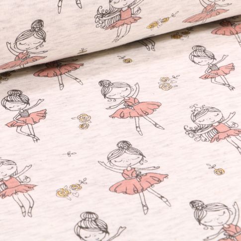 Tissu Sweat envers minky Ballerines en tutu rose sur fond Beige chiné