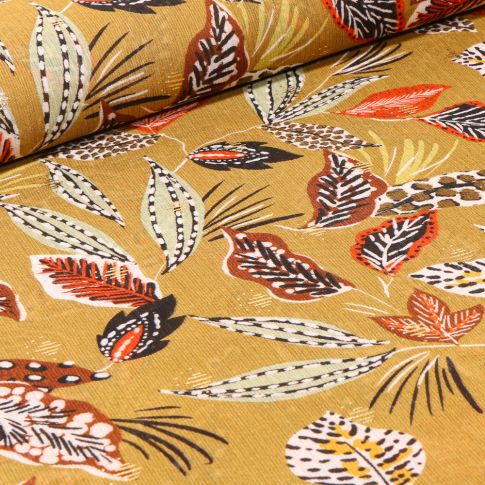 Tissu Mousseline Feuilles ethniques sur fond Jaune moutarde