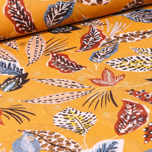 Tissu Mousseline Feuilles ethniques sur fond Jaune