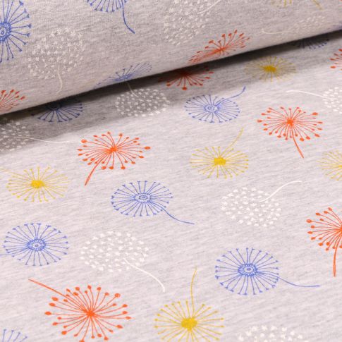 Tissu Sweat envers minky Pissenlits multicolores sur fond Gris chiné