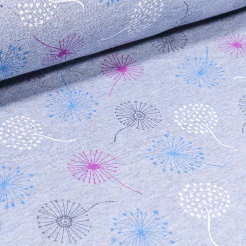 Tissu Sweat envers minky Pissenlits multicolores sur fond Bleu chiné
