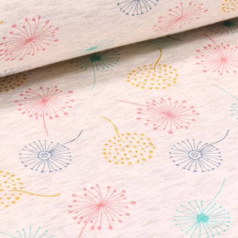 Tissu Sweat envers minky Pissenlits multicolores sur fond Beige chiné