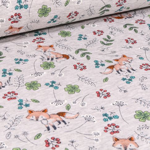 Tissu Sweat envers minky Renards et végétations sur fond Gris chiné