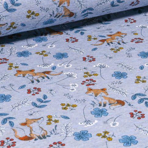 Tissu Sweat envers minky Renards et végétations sur fond Bleu chiné