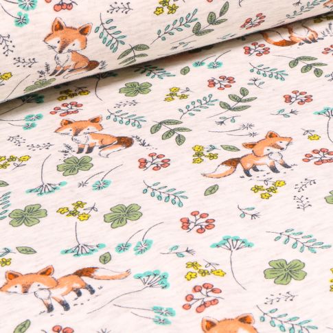 Tissu Sweat envers minky Renards et végétations sur fond Beige chiné