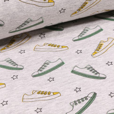 Tissu Sweat envers minky Basket et étoiles sur fond Gris chiné