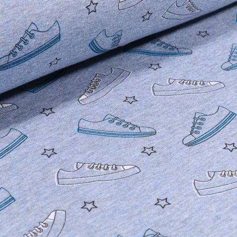 Tissu Sweat envers minky Basket et étoiles sur fond Bleu chiné