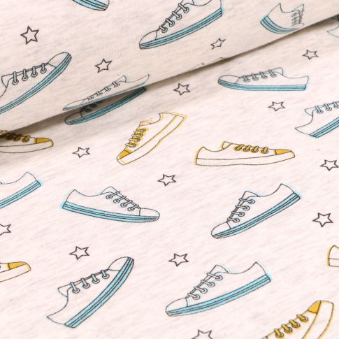 Tissu Sweat envers minky Baskets et étoiles sur fond Beige chiné